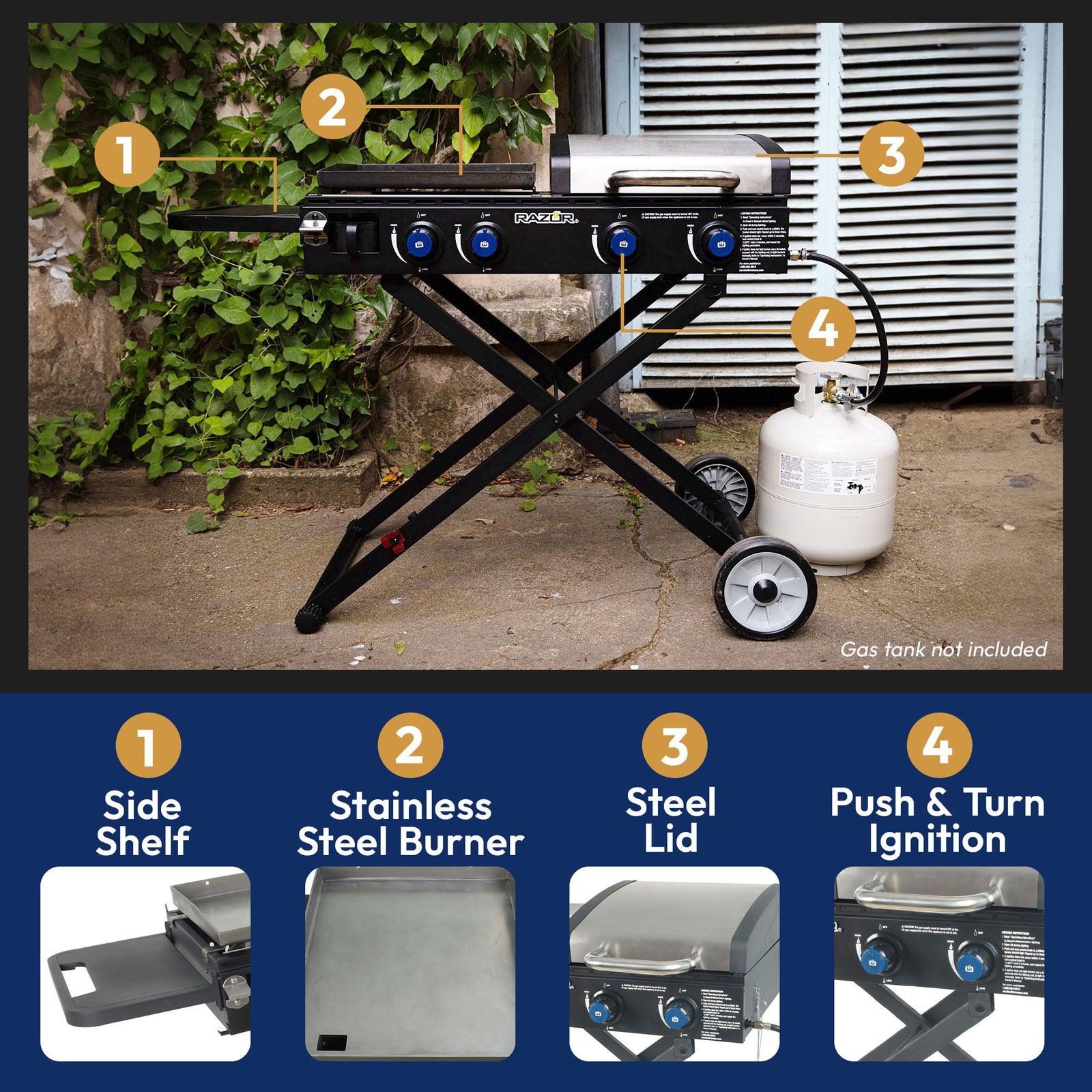 Razor Griddle Portable 4 Burner 40,000 BTU Gas Grill and Griddle Cart with Lid - VMInnovations