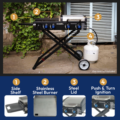 Razor Griddle Portable 4 Burner 40,000 BTU Gas Grill and Griddle Cart with Lid - VMInnovations