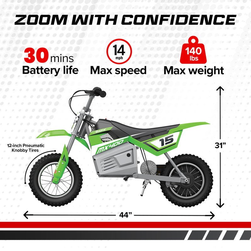 RAZOR MX400 24V Dirt Rocket Electric Motorcycle Bike Green 15128030 (For Parts)