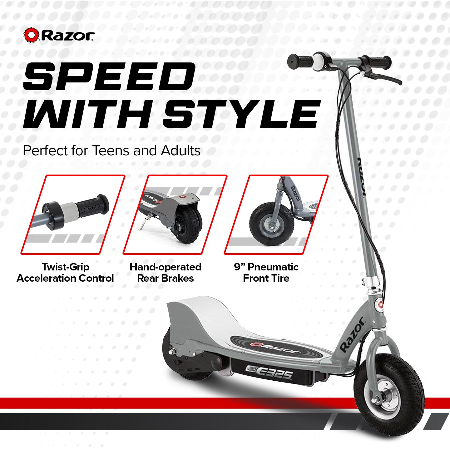 Razor E325 Adult Ride-On 24V High-Torque Motor Electric Powered Scooter, Silver - VMInnovations