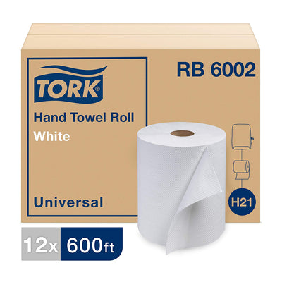 Tork RB6002 Universal 600 Foot1 Ply Hardwound Paper Towel Roll, White (12 Pack)