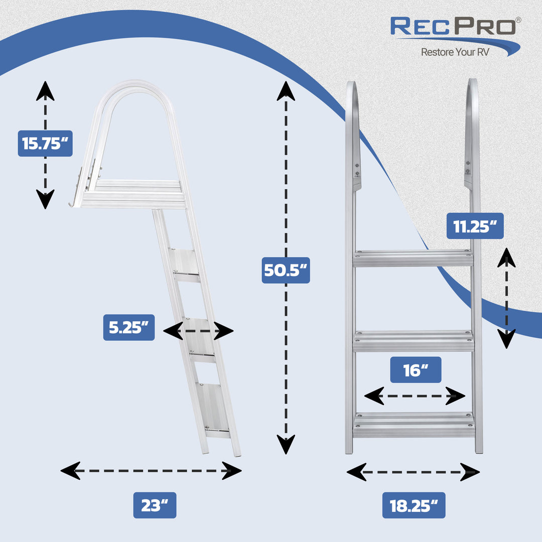 RecPro 3 Step Angled Aluminum Pontoon Dock and Boat Boarding Ladder, Silver