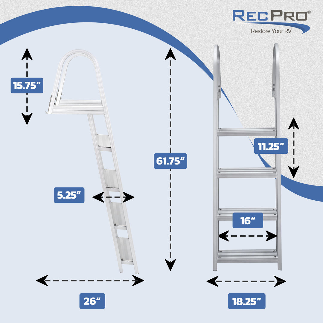 RecPro 4 Step Aluminum Pontoon Dock & Boat Boarding Ladder, Silver (Open Box) - VMInnovations