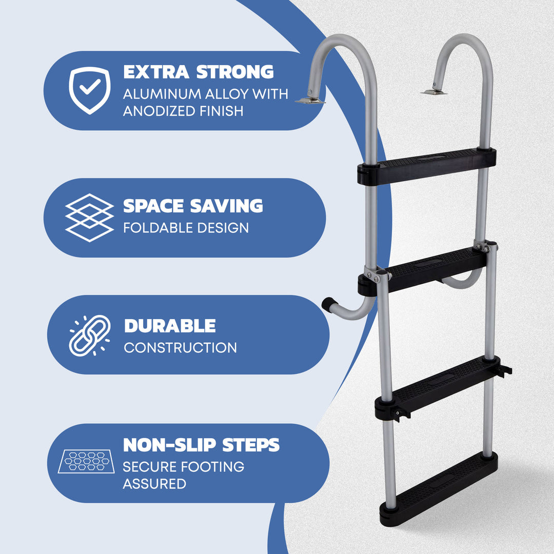 RecPro Compact Space Saving Aluminum 4-Step Pontoon Boat Ladder w/Plastic Steps