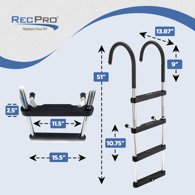 RecPro Compact Steel Heavy Duty 4 Step Pontoon Boat Boarding Ladder (Used)