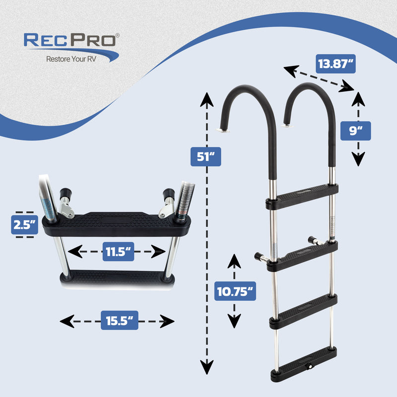 RecPro Compact Steel Heavy Duty 4 Step Pontoon Boat Boarding Ladder (Used)