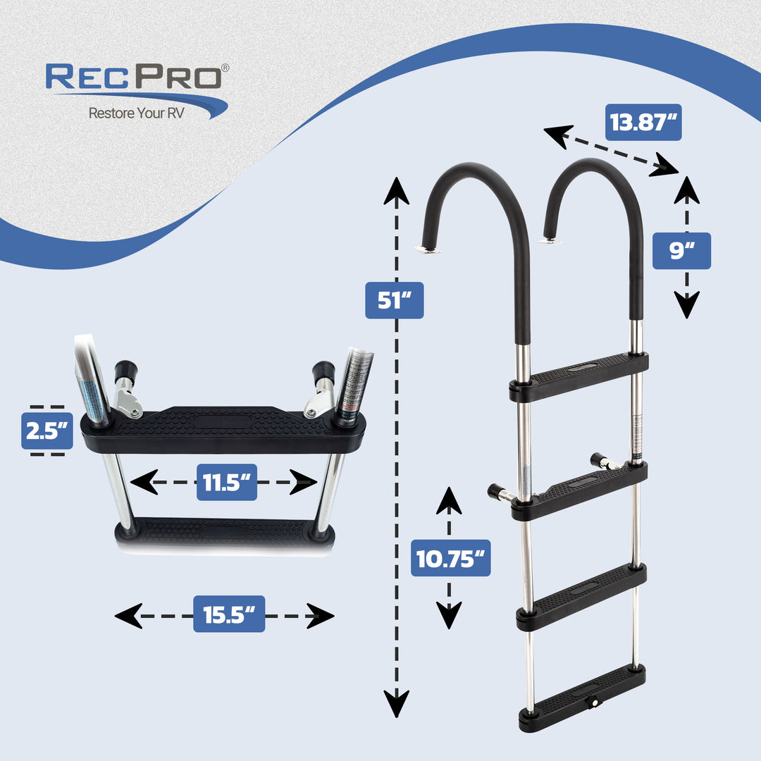 RecPro Compact Stainless Steel Heavy Duty 4 Step Pontoon Boat Ladder (Open Box) - VMInnovations