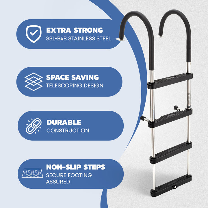 RecPro Compact Stainless Steel Heavy Duty 4 Step Pontoon Boat Ladder (Open Box) - VMInnovations