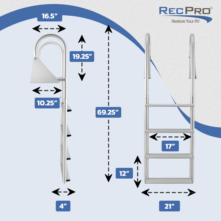 RecPro 4 Step Aluminum Marine Grade Dock Pier Attachment Flip Up Ladder, Silver