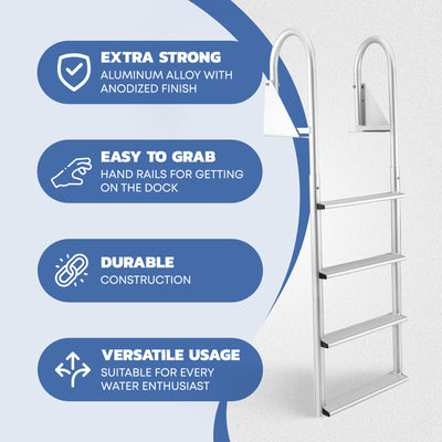 RecPro 4 Step Aluminum Marine Grade Dock Pier Flip Up Ladder, Silver (Open Box) - VMInnovations