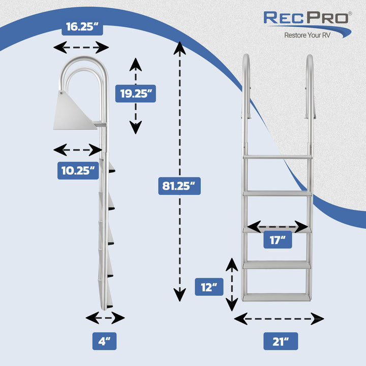 RecPro 5 Step Aluminum Marine Grade Dock Pier Attachment Flip Up Ladder, Silver