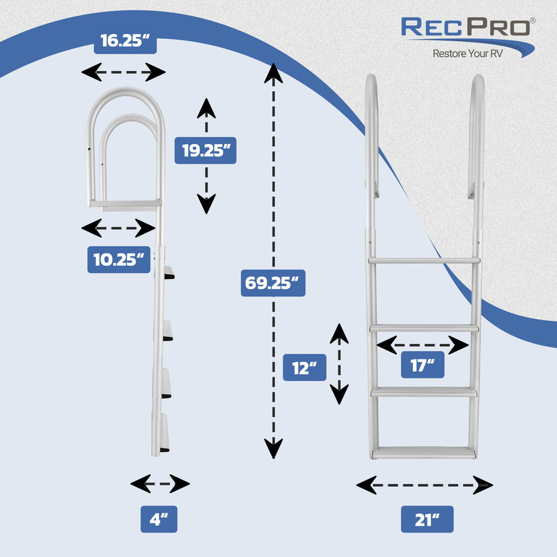 RecPro 4 Step Aluminum Marine Grade Dock and Pier Stationary Ladder, Silver