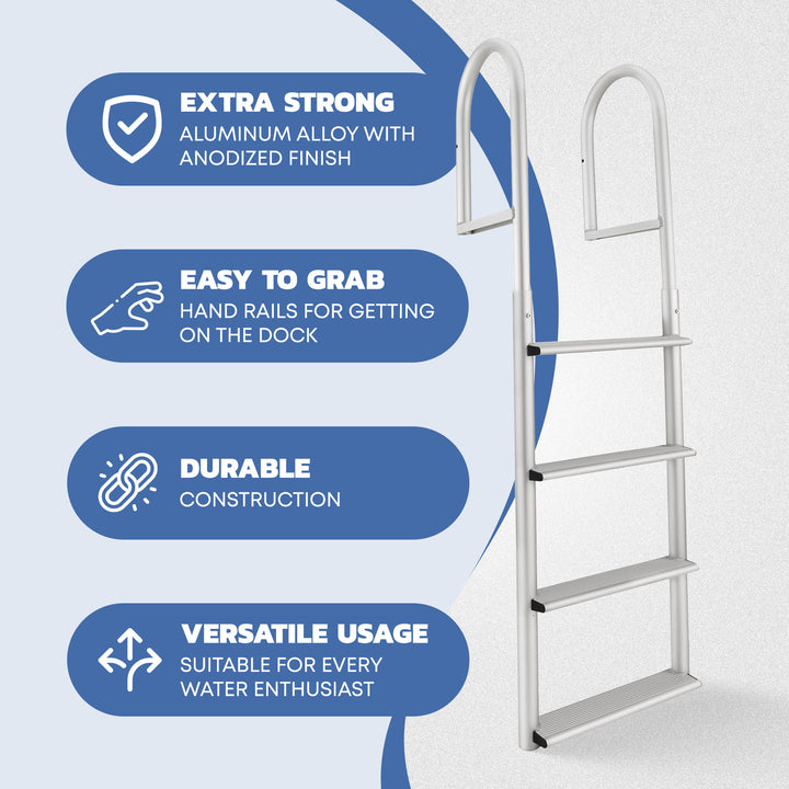 RecPro 4 Step Aluminum Marine Grade Dock and Pier Stationary Ladder, Silver