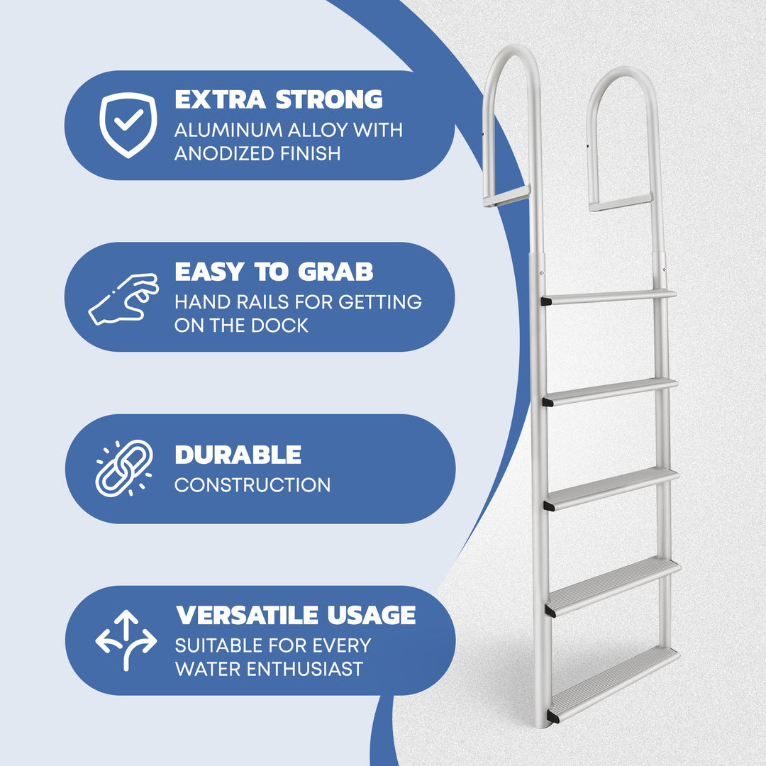 RecPro 5 Step Aluminum Marine Grade Dock and Pier Ladder, Silver (Open Box)