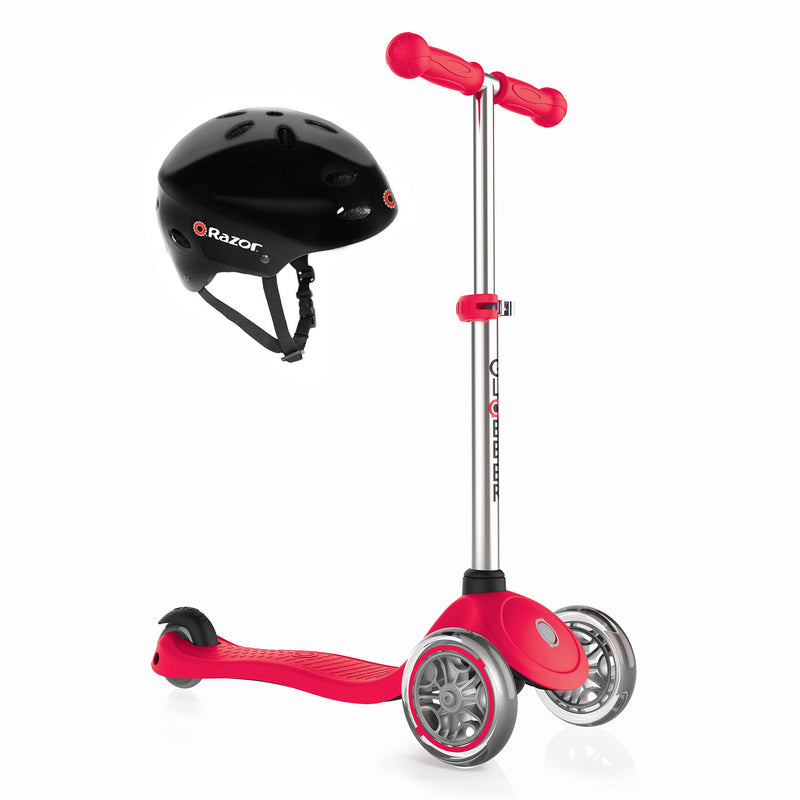 Globber Primo 3-Wheel Adjustable Kids Kick Scooter Bundle w/ Razor Childs Helmet - VMInnovations