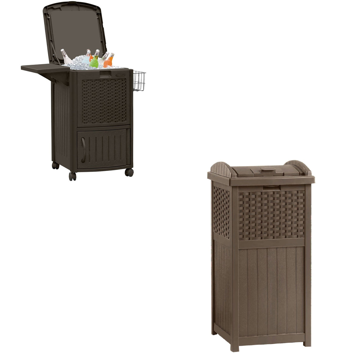 Suncast 77 Quart Resin Beverage Cart, Java & Suncast 33 Gallon Resin Trash Can