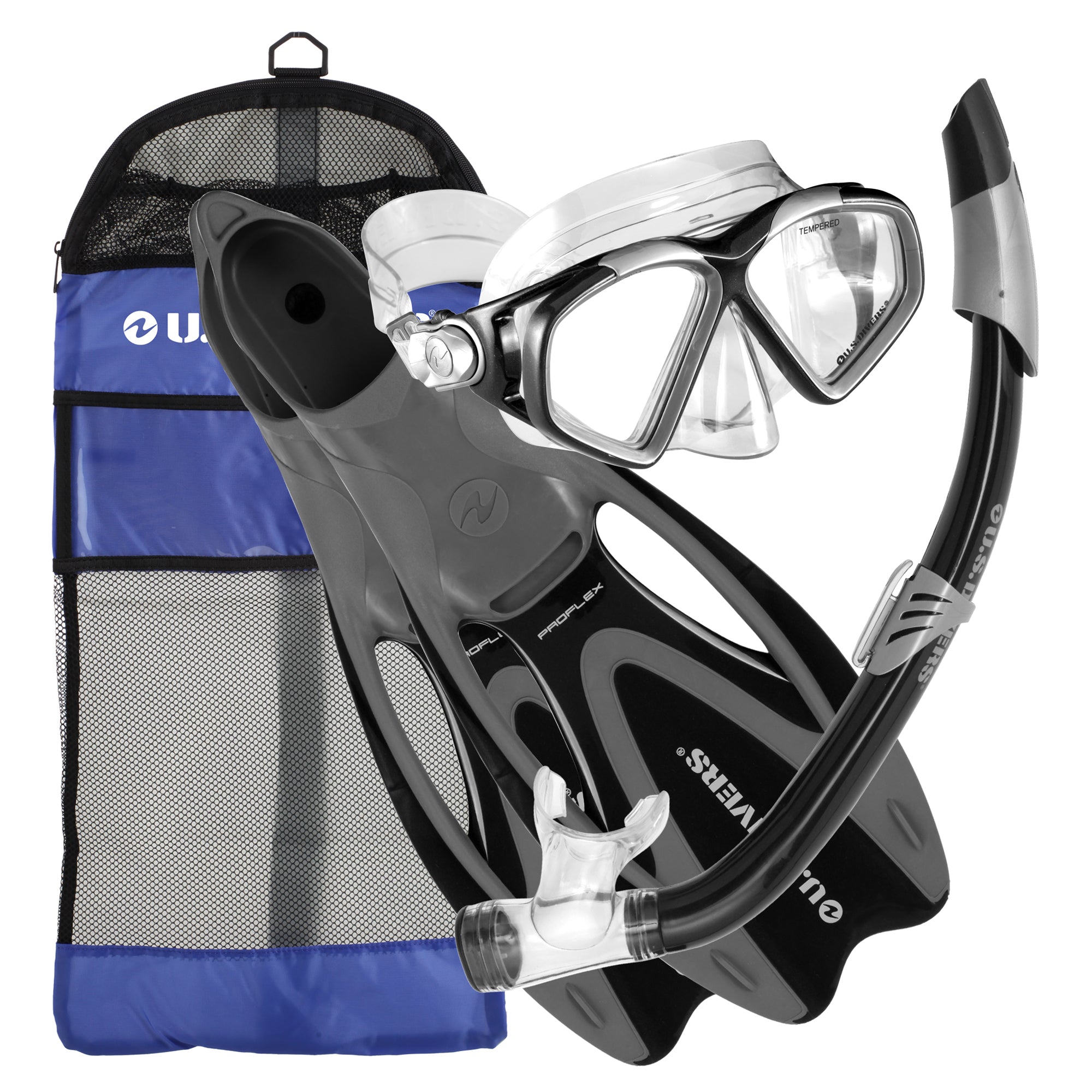 U.S. Divers Medium Adult Snorkel Set with Fins, Mask, Snorkel, & Bag (Open Box)