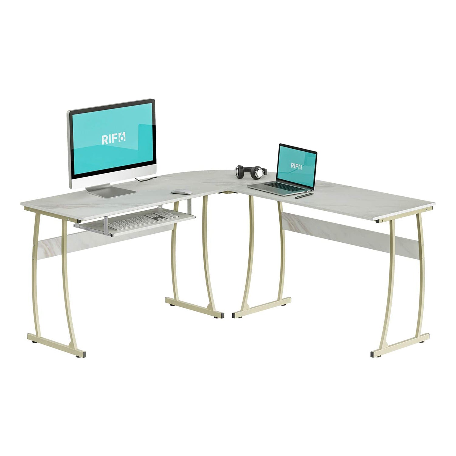 RIF6 L Shaped Modern Computer Office Desk w/ Keyboard Tray, Easy Assembly, White - VMInnovations