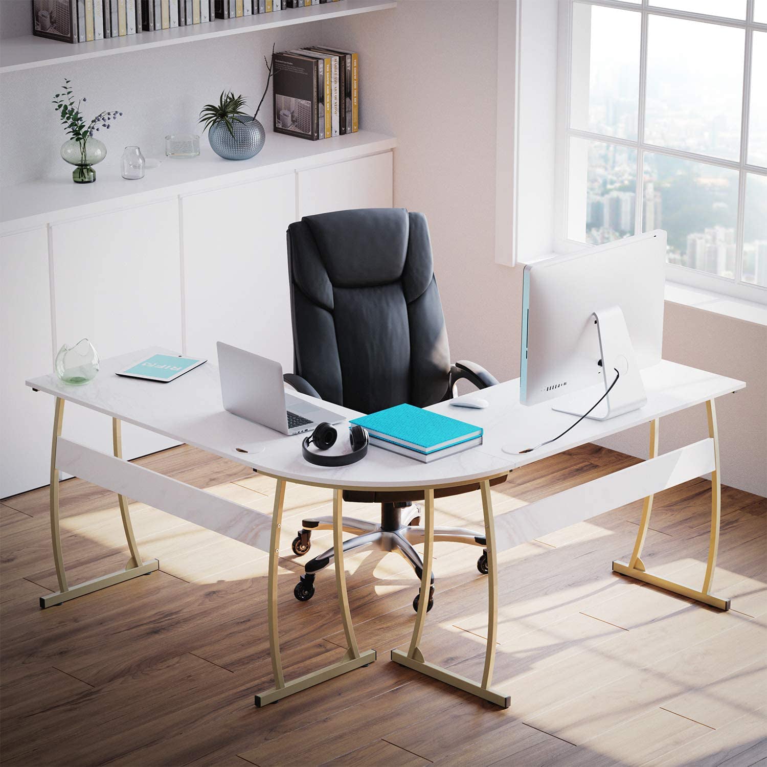 RIF6 L Shaped Modern Computer Office Desk w/ Keyboard Tray, Easy Assembly, White - VMInnovations
