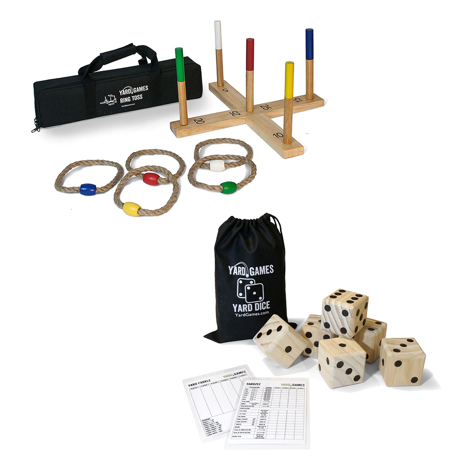 YardGames Outdoor Wooden Ring Toss Game Bundle w/ Giant Wood Dice Activity Set