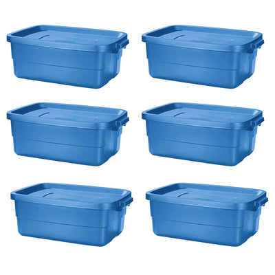 Rubbermaid Roughneck Tote 10 Gal Storage Container, Heritage Blue (6 Pack)(Used)