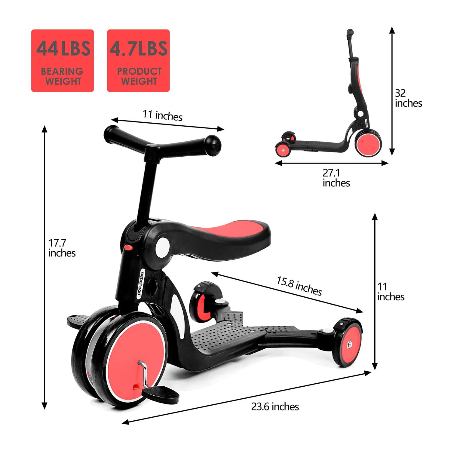 Beberoad Roadkid Plus 5 in 1 Multifunctional Scooter w/Push for Kids, Red (Used) - VMInnovations