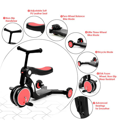 Beberoad Roadkid Plus 5 in 1 Multifunctional Scooter w/Push for Kids, Red (Used) - VMInnovations