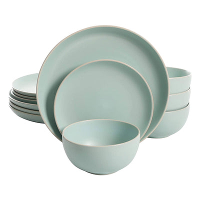 Gibson Rockaway 12pc Stoneware Dinnerware Set, Plates & Bowls, Matte Teal (Used) - VMInnovations