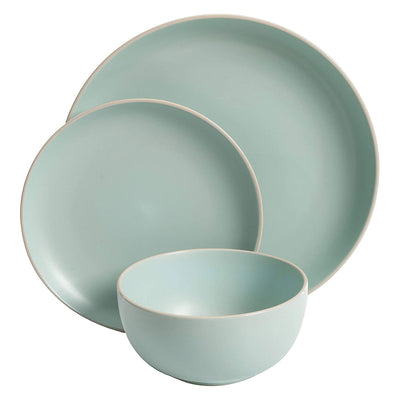 Gibson Rockaway 12pc Stoneware Dinnerware Set, Plates & Bowls, Matte Teal (Used) - VMInnovations