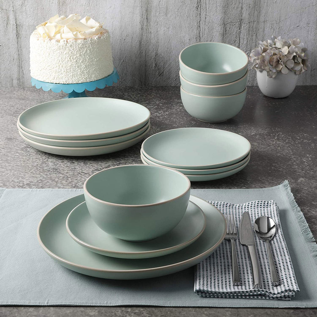 Gibson Rockaway 12 Piece Stoneware Dinnerware Set, Plates & Bowls, Matte Teal