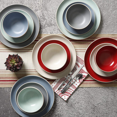 Gibson Rockaway 12pc Stoneware Dinnerware Set, Plates & Bowls, Matte Teal (Used) - VMInnovations