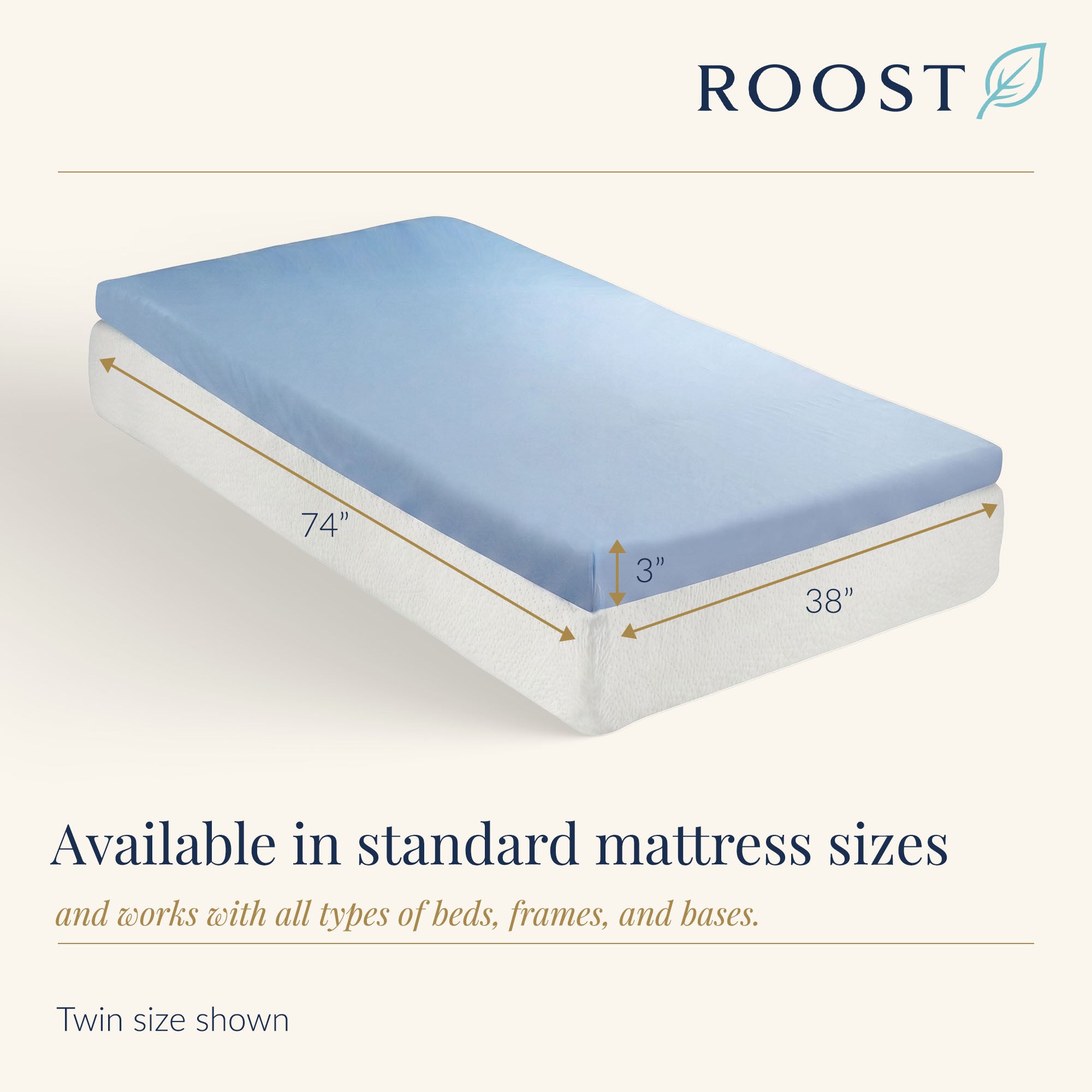 Roost Sleep Cool Cloud 3-Inch Memory Foam Twin Mattress Topper with Cover, Blue