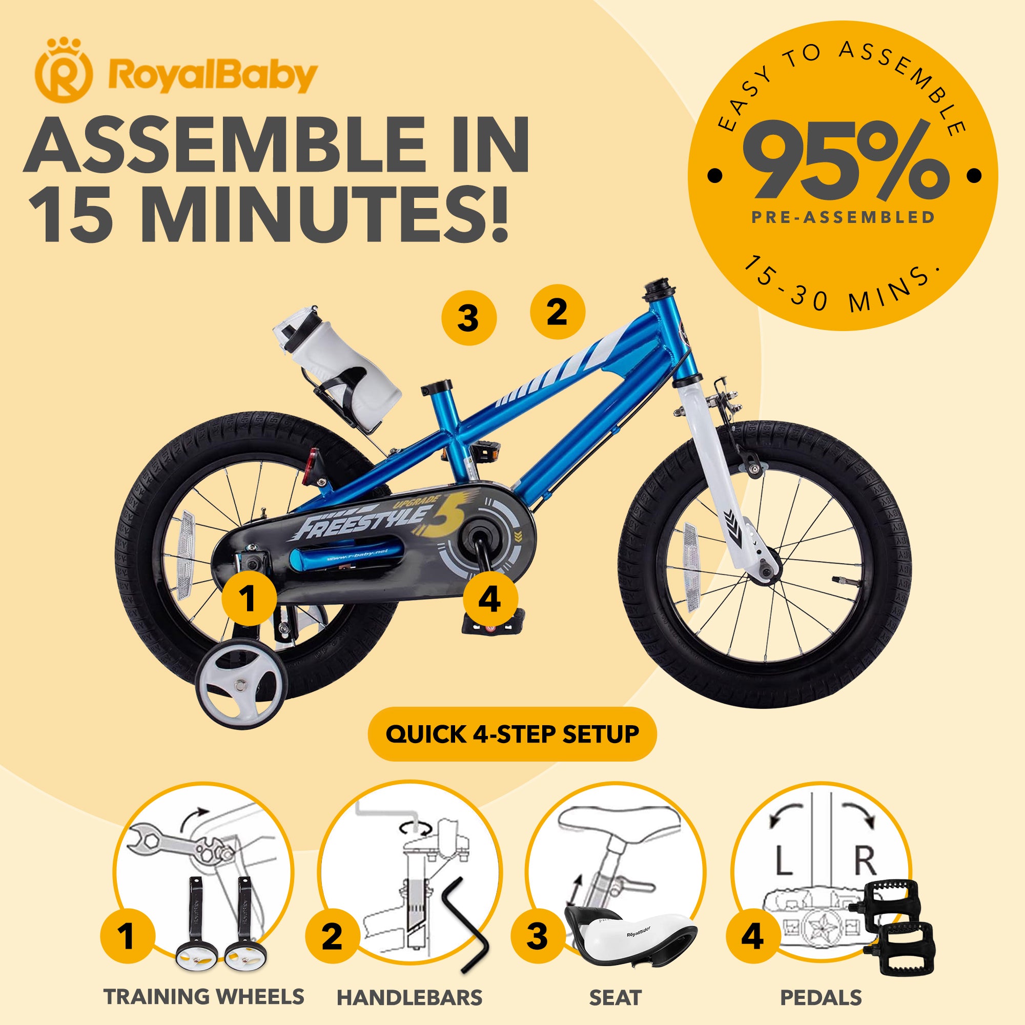 RoyalBaby Freestyle Outdoor Kid's Bicycle w/ Training Wheels, 16 In (Open Box) - VMInnovations