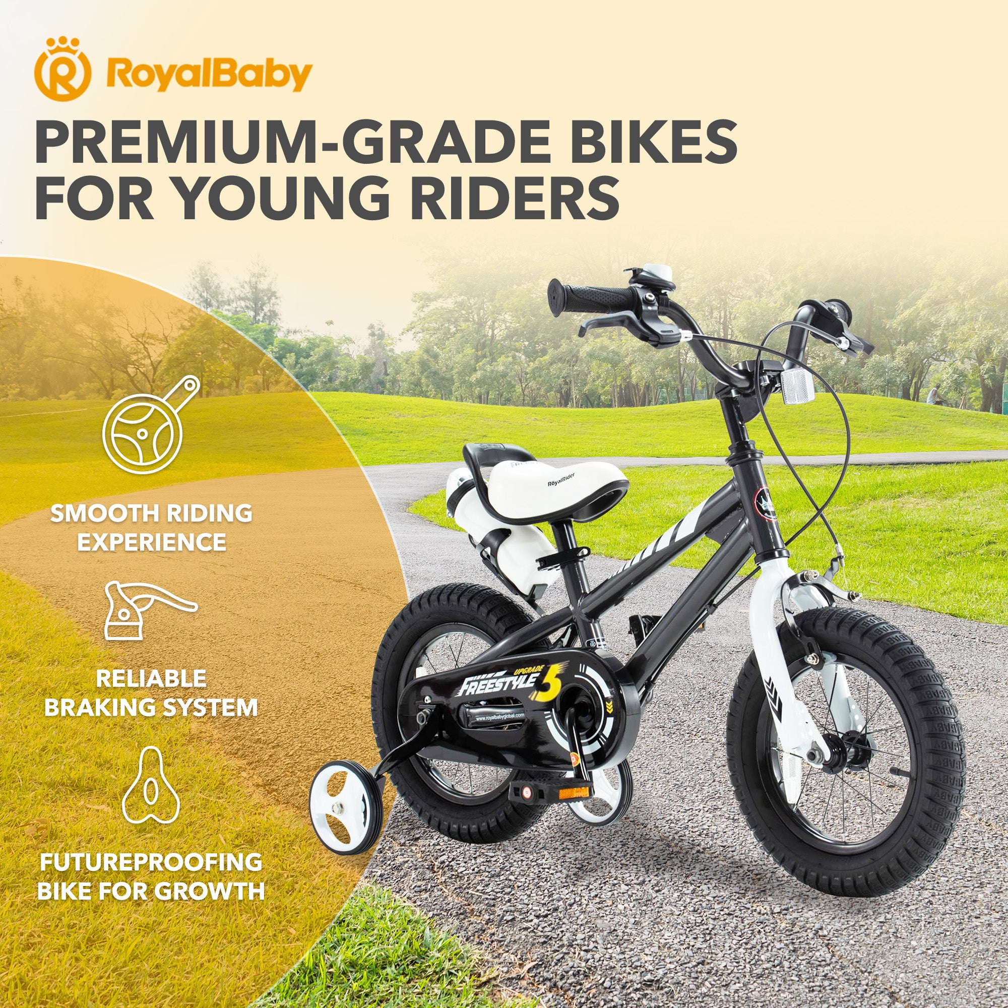 RoyalBaby Freestyle Outdoor Kid's Bicycle with Training Wheels, 16 Inch, Black