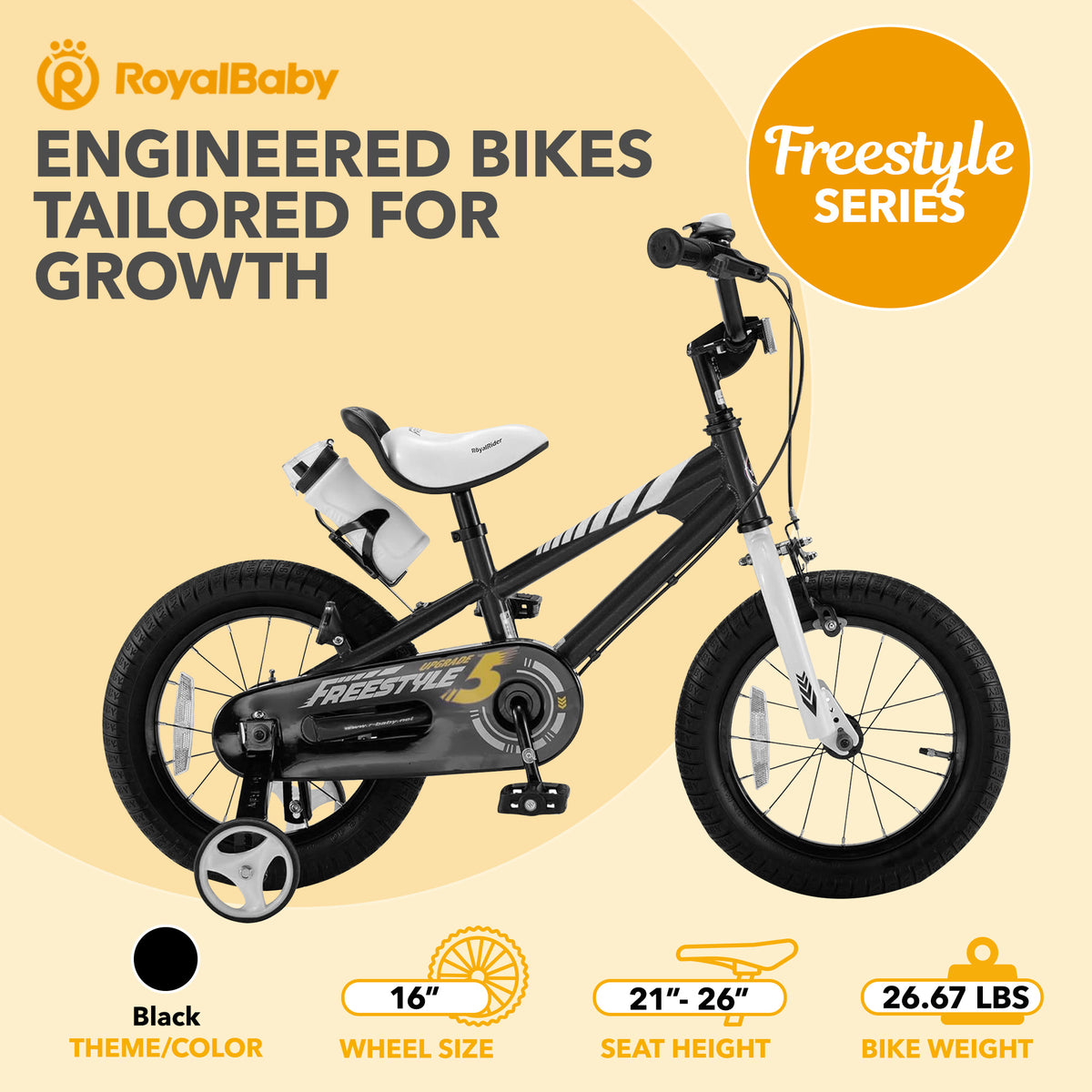RoyalBaby Freestyle Outdoor Kid's Bicycle with Training Wheels, 16 Inch, Black