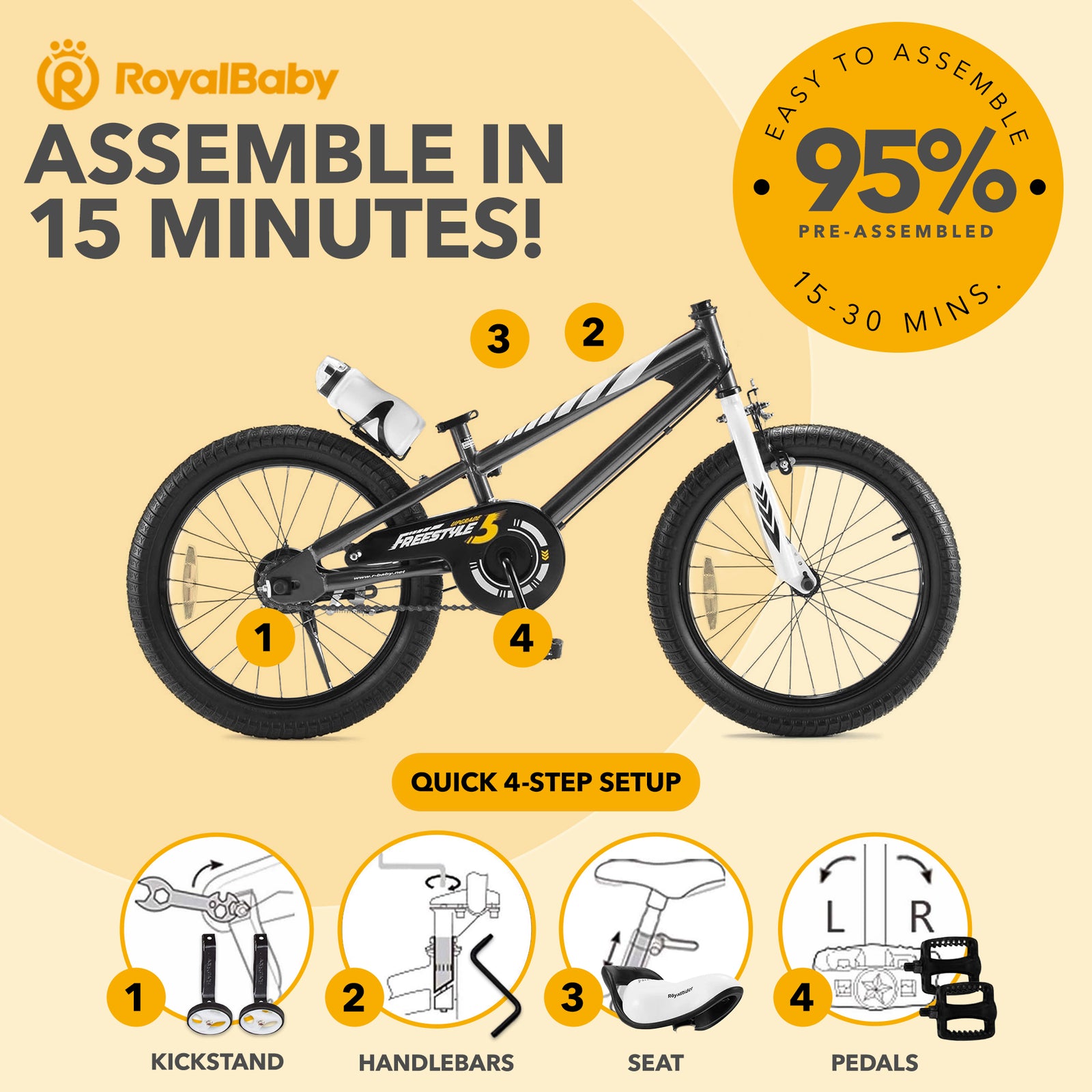 RoyalBaby Freestyle Outdoor Kid's Sporty Bicycle with Kickstand, 18 Inch, Black - VMInnovations