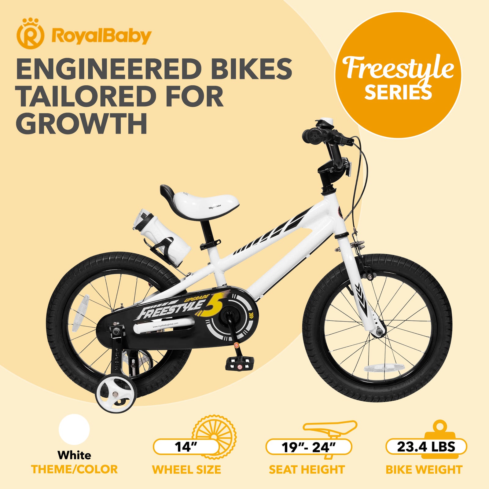 RoyalBaby Freestyle Outdoor Kid's Bicycle with Training Wheels, 14 Inch, White - VMInnovations