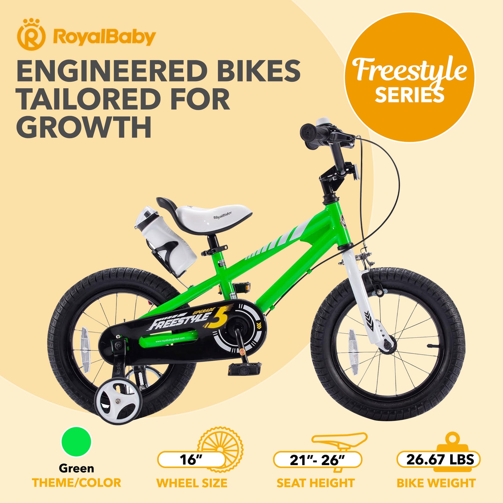 RoyalBaby Freestyle Outdoor Kid's Bicycle with Training Wheels, 16 Inch, Green - VMInnovations