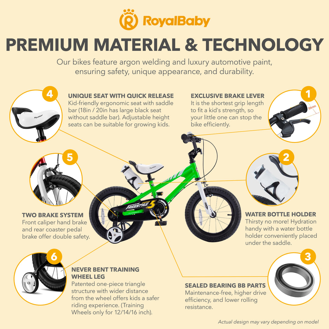 RoyalBaby Freestyle Outdoor Kid's Bicycle with Training Wheels, 16 Inch, Green - VMInnovations