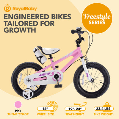 RoyalBaby Freestyle Outdoor Kid's Bicycle with Training Wheels, 14 Inch, Pink