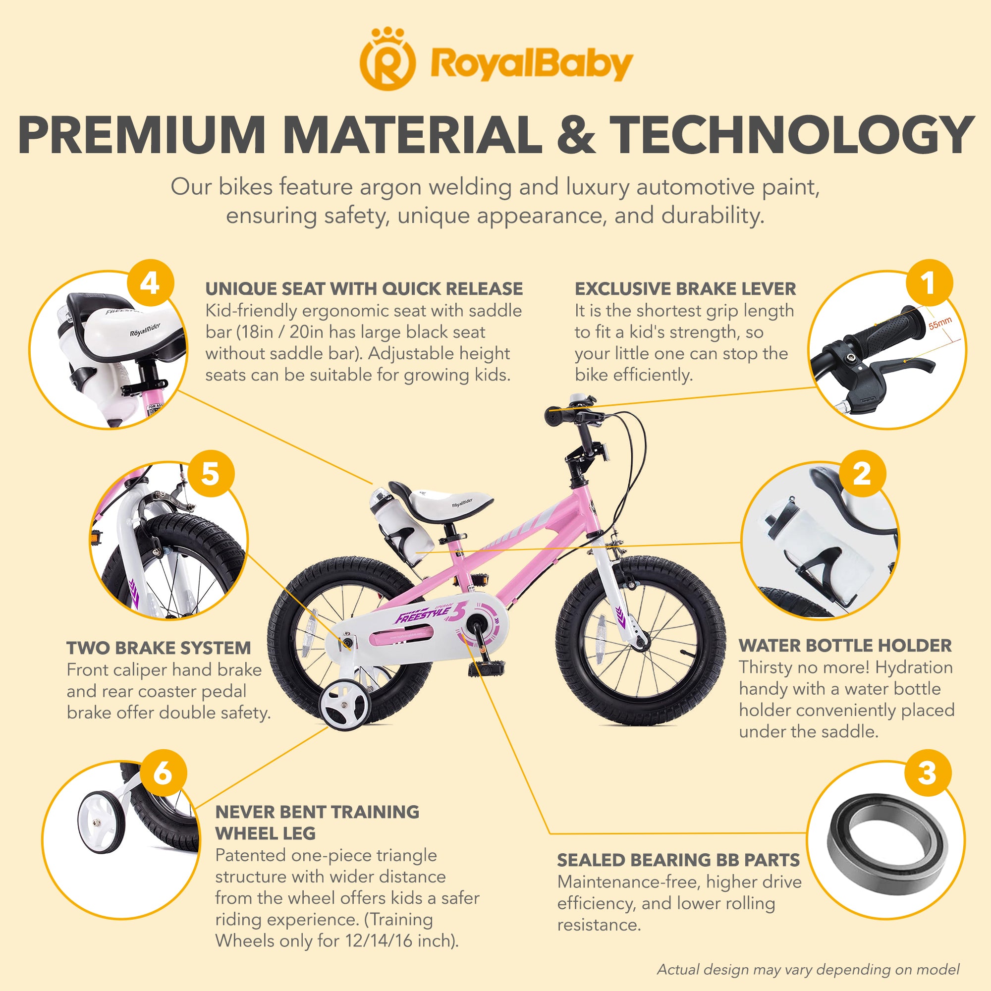 RoyalBaby Freestyle Outdoor Kid's Bicycle with Training Wheels, 14 Inch, Pink - VMInnovations