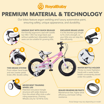 RoyalBaby Freestyle Outdoor Kid's Bicycle with Training Wheels, 14 Inch, Pink - VMInnovations