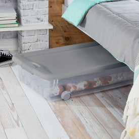 Sterilite 56Qt Wheeled Under Bed Storage Container, Plastic Bin, Silver, 12 Pack