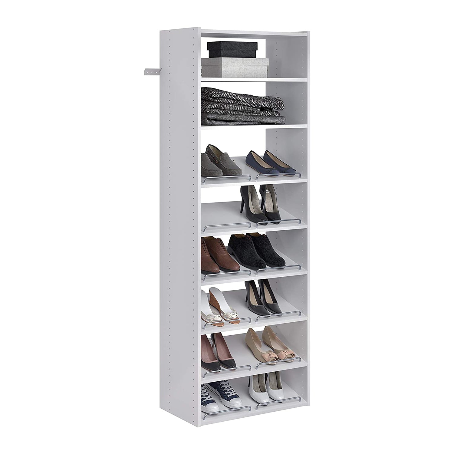 Easy Track 24 Inch Slanted Shoe Shelves with Chrome Fence Rails, White (3 Pack)
