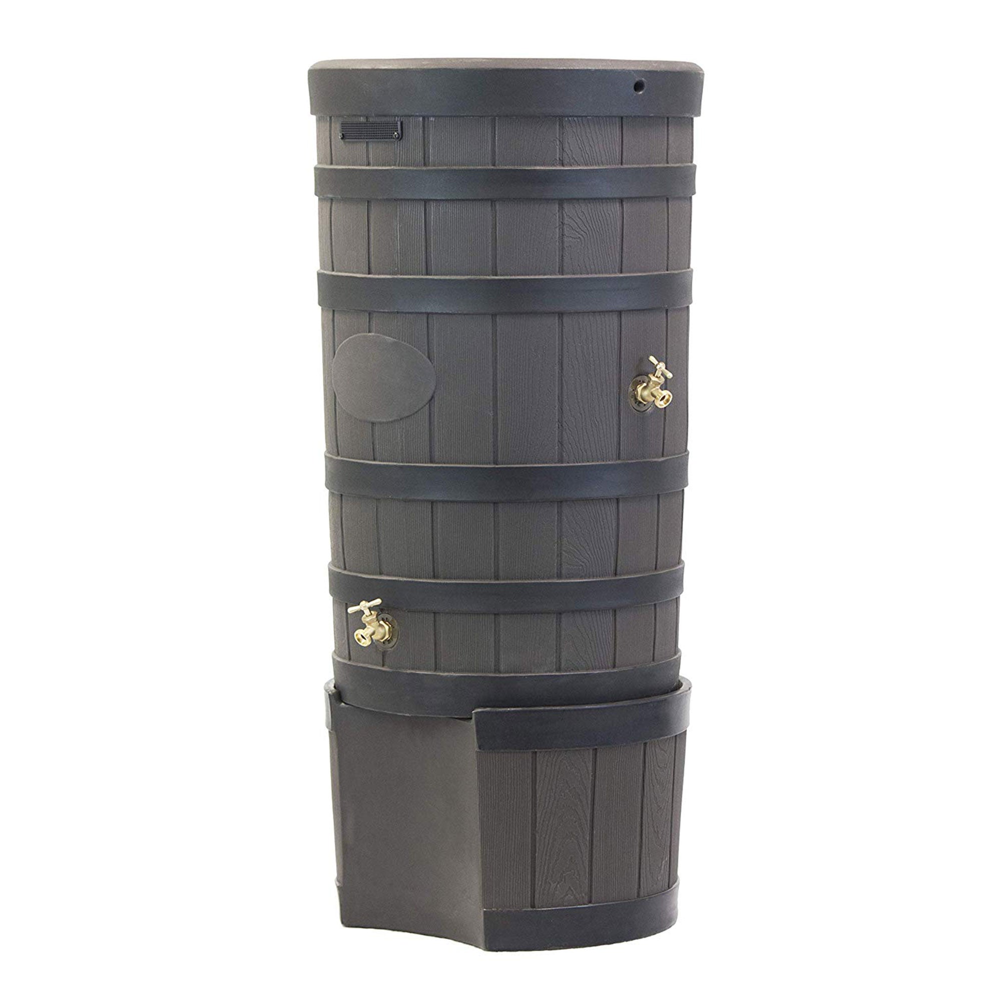 Good Ideas RW-2SD050-OAK 50 Gallon Rain Barrel with Stand Black Ribbed Design