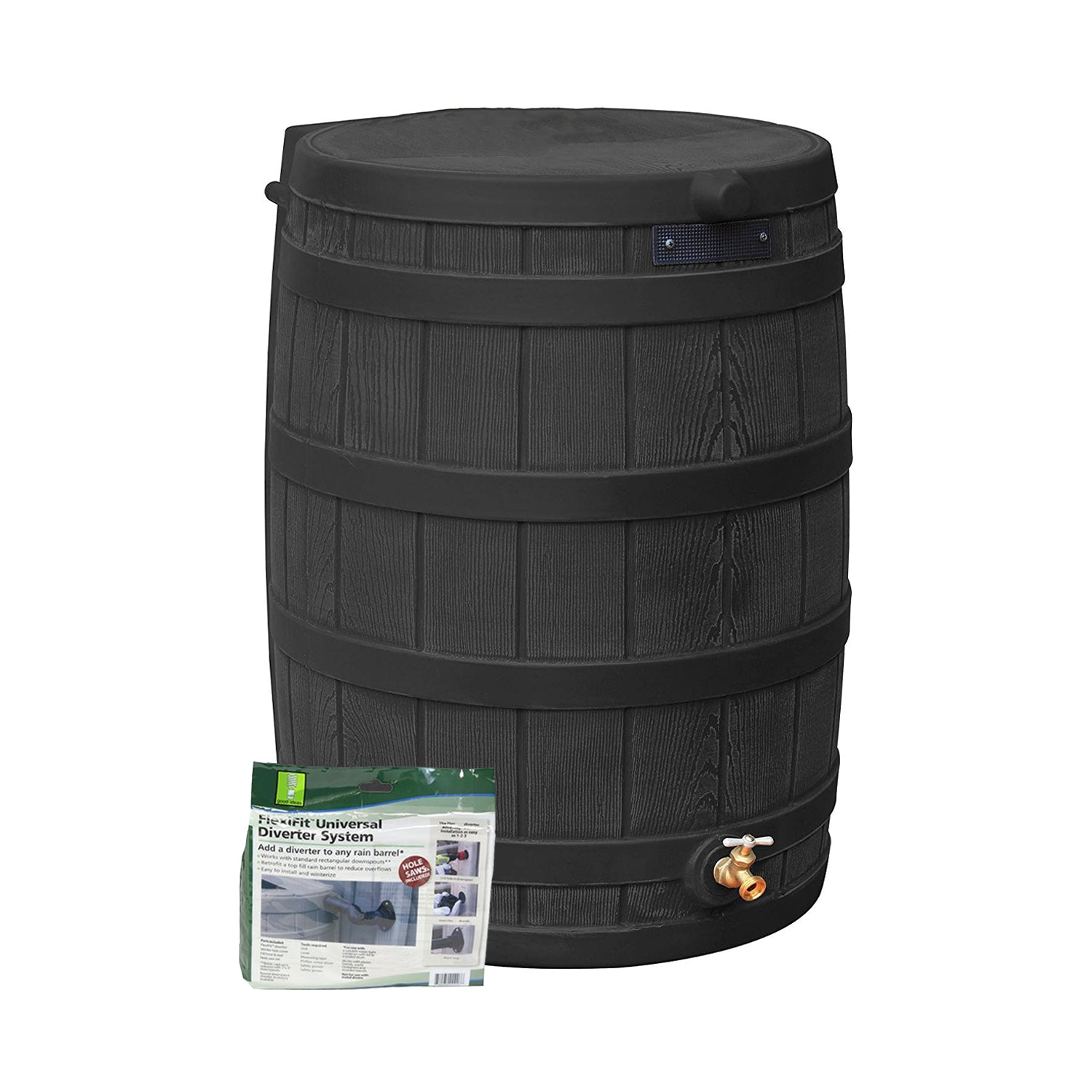 Good Ideas Rain Wizard Rain Collection Barrel 50-Gallon w/ Diverter Kit, Black - VMInnovations