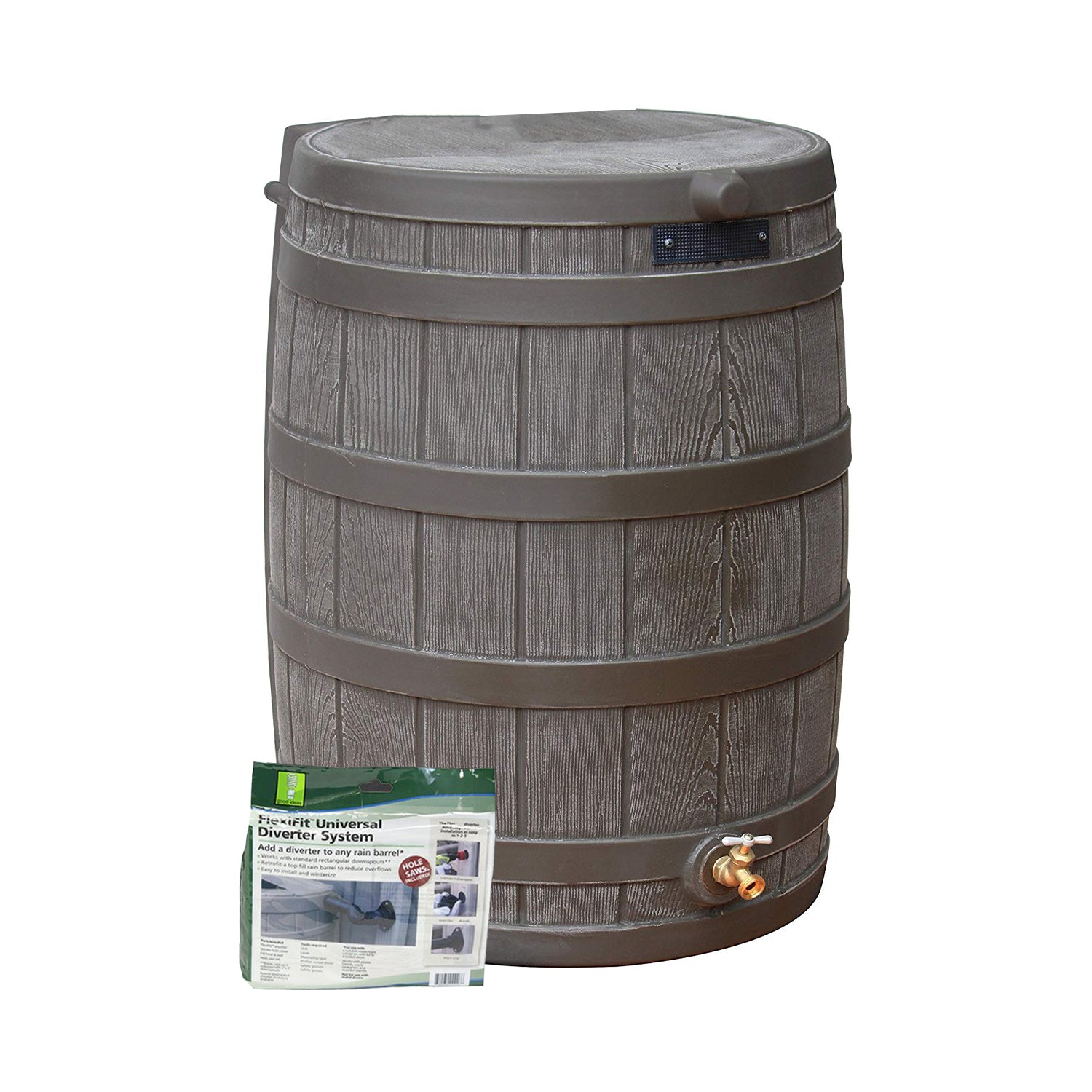 Good Ideas Rain Collection Barrel 50-Gallon w/ Diverter Kit, Oak (Open Box) - VMInnovations