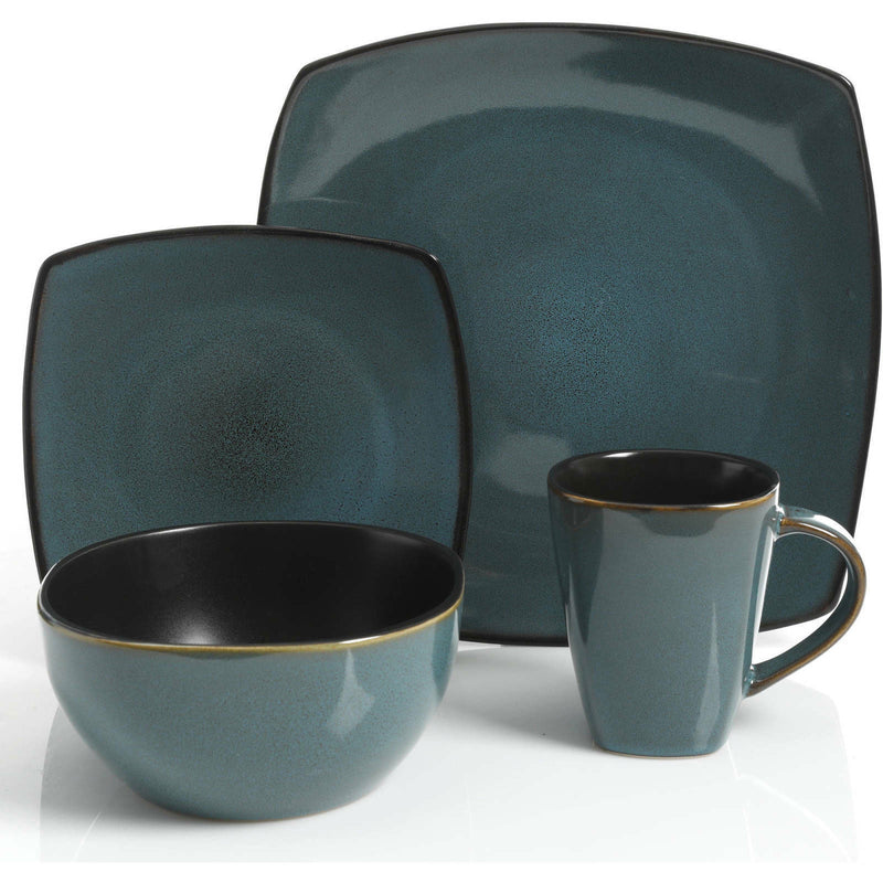Gibson 16-Piece Dinnerware Set with Plates, Bowls, and Mugs, Teal/Black (2 Pack)