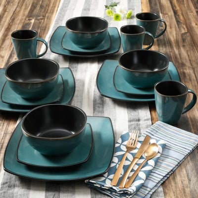 Gibson 16-Piece Dinnerware Set with Plates, Bowls, and Mugs, Teal/Black (2 Pack)