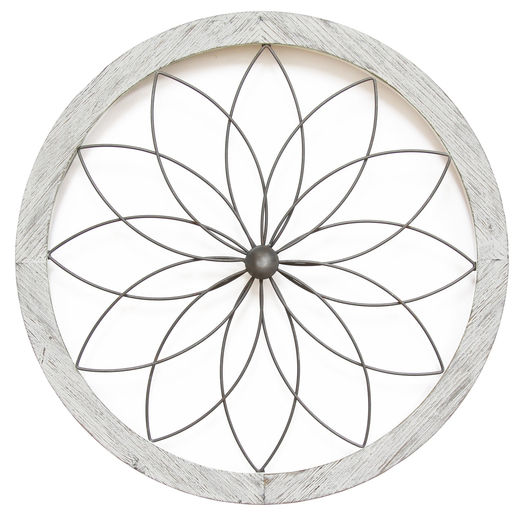 Stratton Home Decor Metal and Wood Art Deco Flower Wall Decor, Distressed White